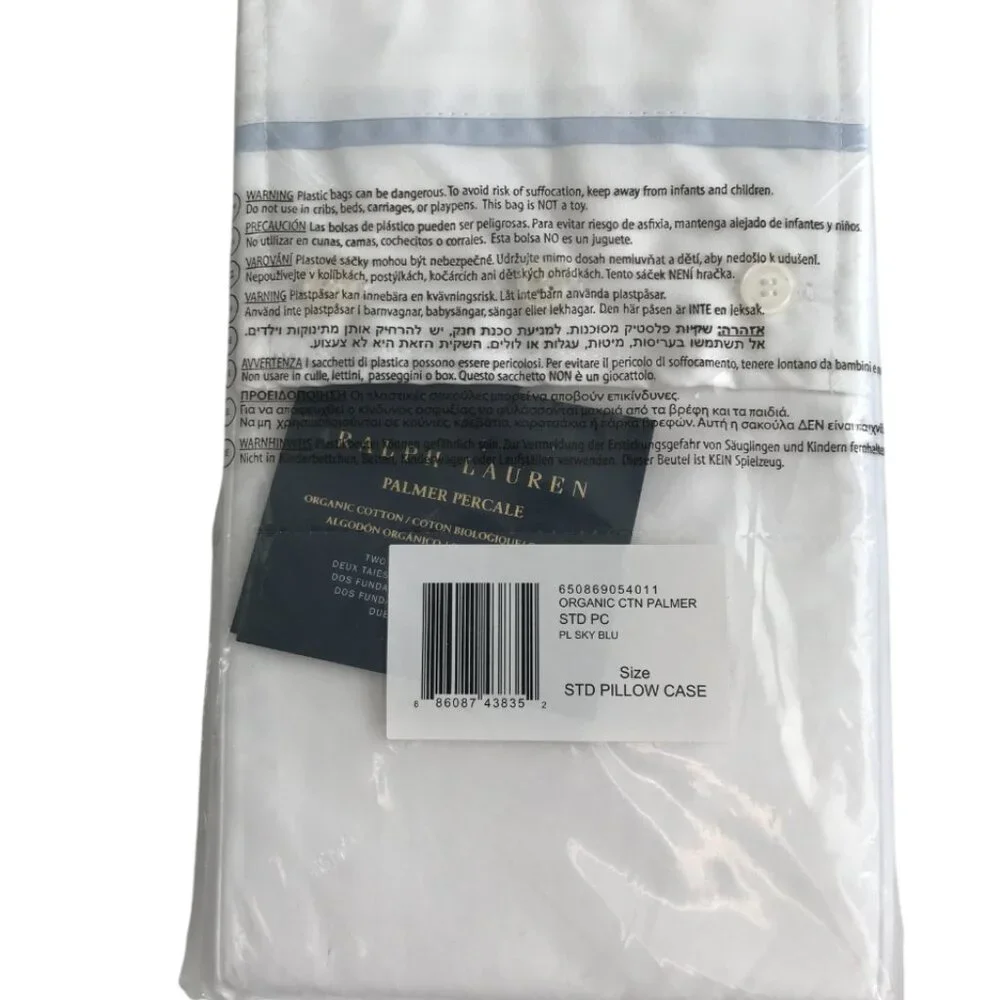 RALPH LAUREN Organic Cotton Palmer 2 pack STANDARD Pillowcases Sky Blue trim